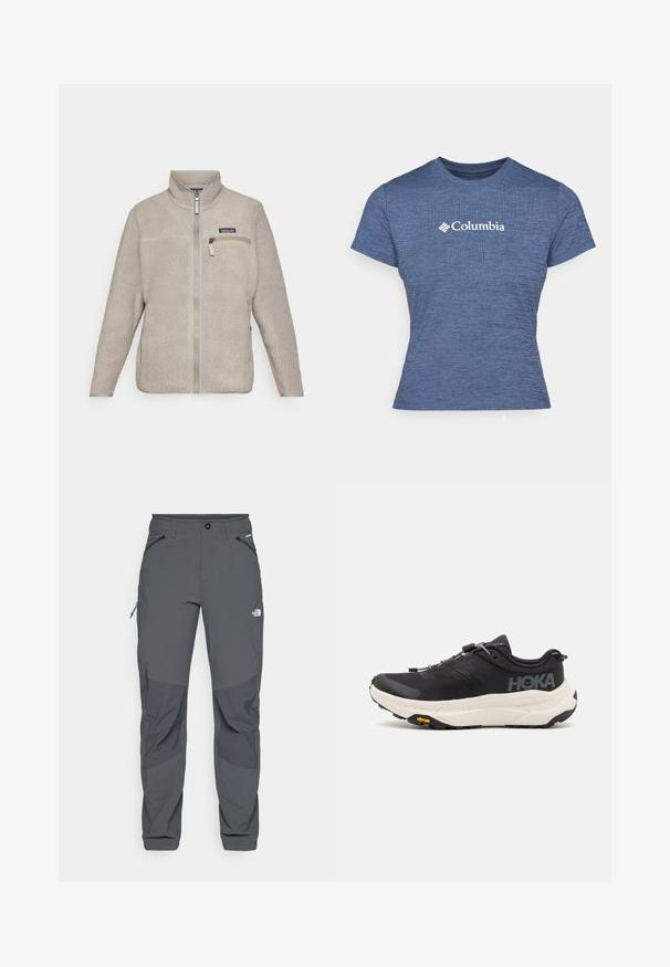 Beige színű bolyhos dzseki zipzárral elöl, magas gallérral és mellzsebbel. Fényes textúrájú anyag, hosszú ujjú és szürke fém részletekkel.; Kék, rövid ujjú póló texturált anyagból, fehér Columbia logóval a mellrészen, kerek nyakkivágással és testhezálló fazonnal.; Sötétszürke kültéri nadrág megerősített térdrésszel, cipzáras oldalsó és elülső zsebekkel, gombos záródással és A North Face logóval a combján.; Fekete sportcipők lélegző hálós felsőrésszel, gumitípusú talppal, fehér párnázott középtalppal és fényvisszaverő fűzőkkel. Vibram logó a talpon.