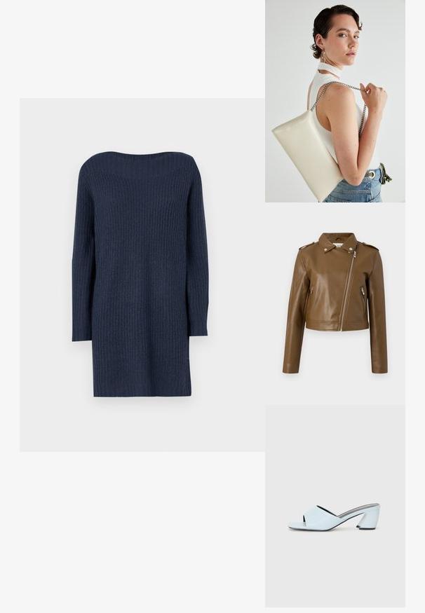 Veste cropped en cuir synthétique marron avec une fermeture éclair, des poches zippées sur le côté, un col pointu et des épaulettes. Texture lisse.; Robe pull en tricot bleu marine, avec une texture côtelée, des manches longues et un large col. Longueur mi-cuisse avec une coupe droite.; Mules à talons ouverts bleu clair avec un design géométrique, dotés d'une large bride sur le pied et d'un talon épais et angulaire.; Pochette rectangulaire blanche en matériau brillant, avec une bandoulière en chaîne argentée. Le modèle pose en mettant en valeur le sac contre un fond uni.