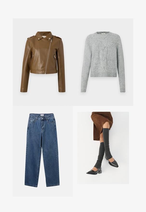 Bruine faux leren cropped jack met een ritsluiting, zijzakken met rits, een puntige kraag en schouderepauletten. Glad textuur.; Lichtgrijze gebreide trui met lange mouwen, ronde hals en een centraal kabelpatroon aan de voorkant.; Klassieke blauwe denim jeans met een rechte pijp, vijf zakken en een knoopsluiting. Heeft een middelgrote wasbeurt en stevige textuur.; Zwarte gepatineerde leren pumps met een puntige neus, een blokhak en een enkelbandje, gecombineerd met grijze geribde beenwarmers en een bruine suède rok.