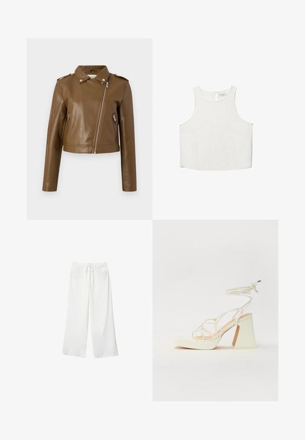 Brun fusk läder cropped jacka med dragkedjeslutning, sidofickor med dragkedja, spetsig krage och axelremmar. Slät textur.; Vit ärmlös topp med rundad halsringning, featuring en subtil textur, detalj med nyckelhål i ryggen och rak nederkant.; Vita vida byxor i mjukt tyg med dragsko i midjan och två framfickor. Slät textur och inga synliga mönster.; Vit högklackad sandal med en kraftig klack, med ett remdesign och ankelband. Slät textur med en plattform framtill för ökad höjd.