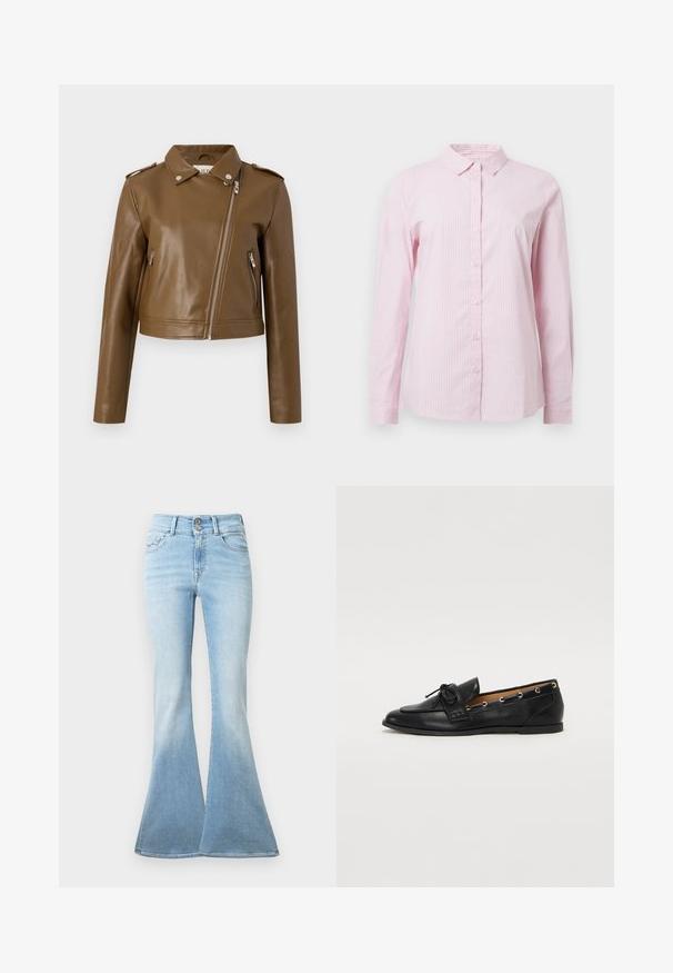 Barna műbőr rövid kabát cipzárral, oldalsó cipzáras zsebekkel, hegyes gallérral és vállpántokkal. Sima textúra.; Rózsaszín csíkos ing gallérral, hosszú ujjakkal és elöl gombos záródással. Könnyű anyagból készült, sima felülettel.; Világoskék, trapéz szabású farmernadrág. Magas derekú, két gombbal rögzített és a szegés felé enyhén fakult. Klasszikus öt zsebes design.; Fekete bőr lófarok cipők, megkötött masnival, arany szemcsés díszítéssel az oldalán és lapos gumitalppal. Simaság, klasszikus dizájn.
