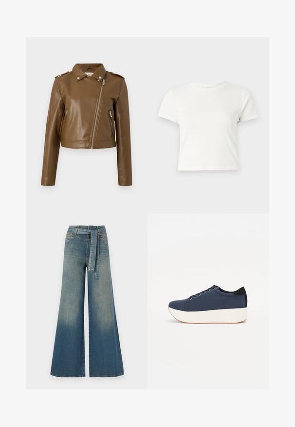 Hnedá umelá kožená skrátená bunda so zipsom, bočnými vreckami na zips, špicatým golierom a ramennými vycpávkami. Hladká textúra.; Krátke biele tričko vyrobené z bavlny s krátkymi rukávmi, okrúhlym výstrihom a rovnými okrajmi, s hladkou textúrou a minimálnym dizajnom.; Džínsy s širokými nohavicami, ktoré majú prechod od svetlomodrej po tmavomodrú, vysoký pás, pútka na opasok a opasok z rovnakého materiálu. Textúrovaný denimový povrch.; Námornícky modré tenisky s textúrovaným textilným zvrškom, bielou platformovou podrážkou, zaoblenou špičkou a čiernym akcentom na päte. Obsahujú šesť otvorov na šnúrky.