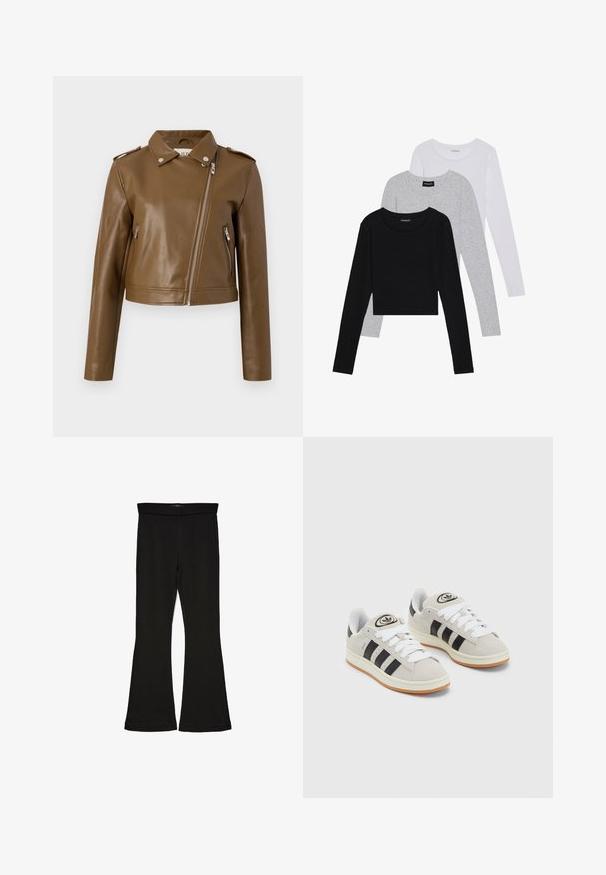 Brun faux læder cropped jakke med lynlåslukning, sidelommer med lynlås, spidse krave og skulderepauleter. Glat tekstur.; Tre langærmede toppe stablet: sort, grå og hvid. Hver har en rund halsudskæring og et cropped design med glat, let stof.; Sorte flared leggings lavet af strækbart stof. Har en bred talje og en glat tekstur, med en tætsiddende silhuet der bredder sig ved sømmen.; Grå ruskinds sneakers med hvide snørebånd, sorte striber og en hvid gummisål. Har et rundt logo på tungen og en gummisål.