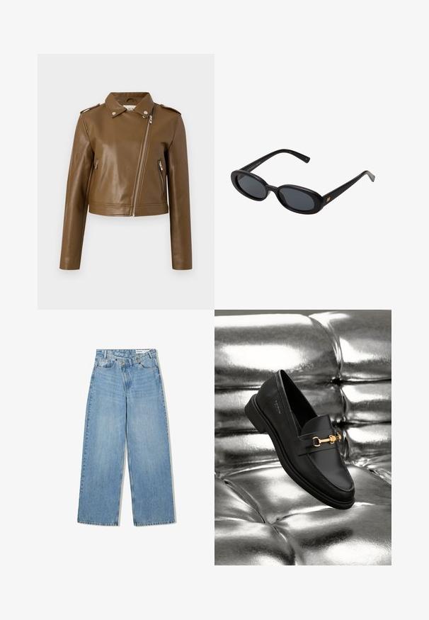 Brun faux læder cropped jakke med lynlåslukning, sidelommer med lynlås, spidse krave og skulderepauleter. Glat tekstur.; Simpel hvid langærmet skjorte, rund hals, vist fra ryggen, lagt fladt på en hvid baggrund.; Lyseblå vide denimjeans med høj talje, fem lommer, knaplukning og diskret falmning for tekstur.; Sorte læder loafers med en guldfarvet hardware detalje. Skoen har et elegant design og en glat, skinnende overflade.; Store store