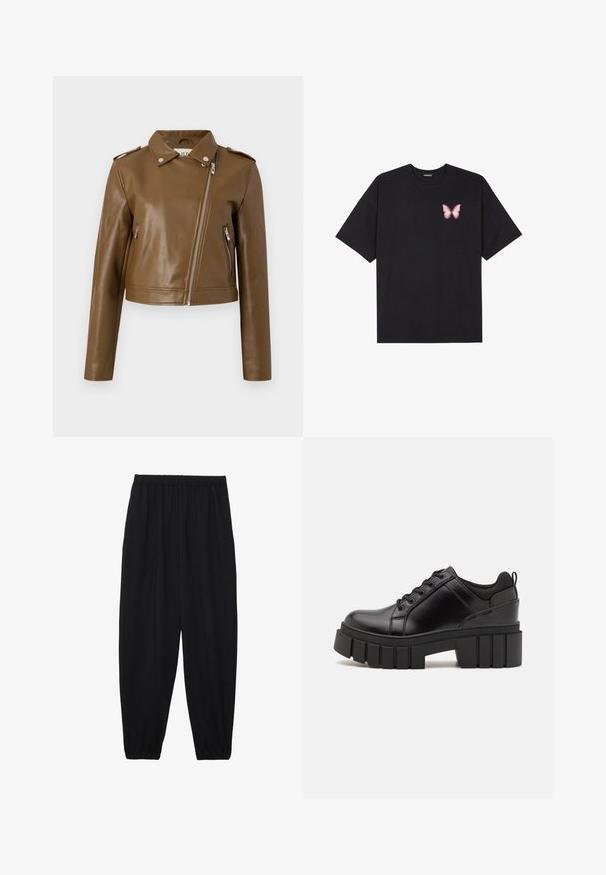 Rjava umetna usnjena krojena jakna z zadrgo, stranskimi žepi z zadrgo, koničastim ovratnikom in ramenskimi epauletami. Gladka tekstura.; Črna bombažna majica s kratkimi rokavi, ki ima majhen roza metuljček na levi strani prsnega dela. Majica s krožnim ovratnikom in sproščenim krojem.; Črne, lahke hlače z elastičnim pasom in nabranimi gležnji. Tkanina je gladka in ima sproščen, taperiran dizajn.; Črne usnjene platforme z debelim blokastim petam, okroglo konico in klasičnim vezanjem. Imajo gladko teksturo in minimalne podrobnosti.