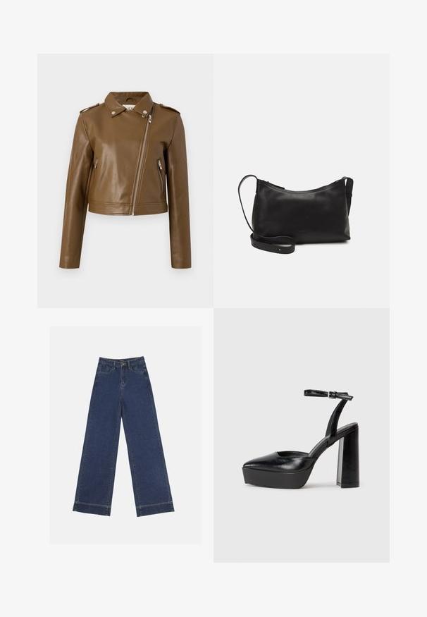 Ruskea keinonahasta valmistettu cropped-takki, jossa on vetoketjuiset sulkijat, sivuzipperit, terävä viikonloppukaulus ja olkavaljaat. Sulava rakenne.; Musta puuvillapaita lyhyillä hihoilla, jossa on pieni vaaleanpunainen perhosgrafiikka vasemmassa rinnassa. Pyöreä kaula-aukko ja rento istuvuus.; Vyötäröltä leveät farkut tummansinisestä denimmateriaalista. Varustettu viidellä taskulla, vyölenkeillä ja näkyvillä sauman yksityiskohdilla. Raaka helma alareunassa.; Mustat korkeat platform-kengät, joissa on terävä kärki ja säädettävä nilkkaremmi. Valmistettu sileästä nahasta ja varustettu paksulla lohkokorkeudella.; Musta nahkainen olkalaukku, jossa on sileä pinta, kaareva muoto, säädettävä hihna ja vetoketjukiinnitys. Minimalistinen muotoilu ilman koristeita.