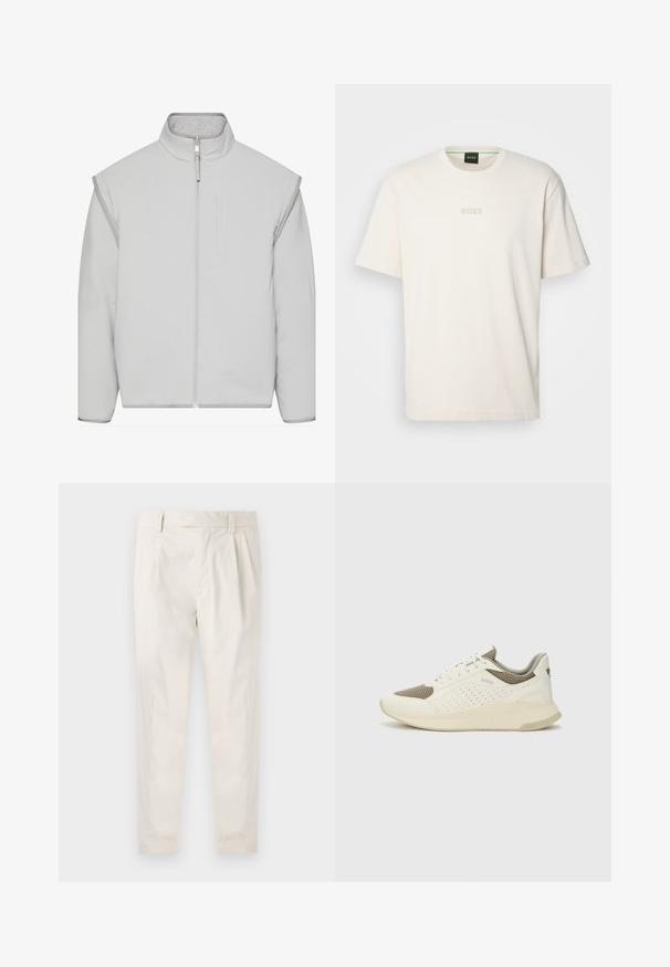 Vaaleanharmaa pehmeä takki, jossa on korkea kaulus, vetoketjukiinnitys ja sivutaskut. Valmistettu pehmeästä kankaasta, jonka pinta on sileä ja muotoilu minimaalinen.; BOSS TEE - T-paita - open white; Valkoiset, laskostetut housut, joissa on räätälöity istuvuus. Housut ovat sileäpintaiset, niissä on vyölenkit ja kapenevat lahkeet. Ei näkyviä taskuja tai kuvioita.; Valkoinen ja vaaleanbeige urheilukengät, joissa on verkkomateriaali yläosa, rei'itettyjä yksityiskohtia ja teksturoitu välipohja, jossa on brändäys kantapäässä.