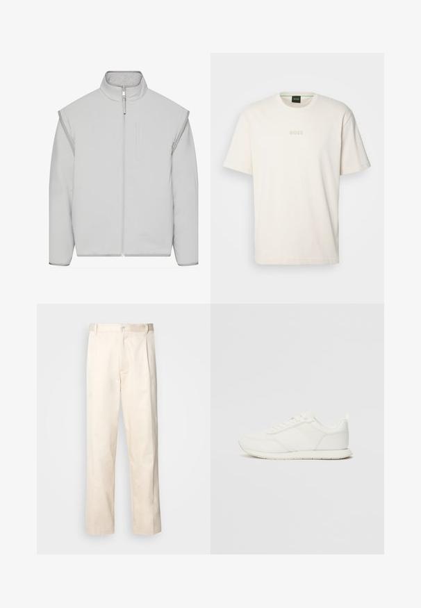 Svijetlosivi podstavljen kaput s visokim ovratnikom, zatvaranjem na patentni zatvarač i bočnim džepovima. Izrađen od mekog materijala s glatkom teksturom i minimalnim dizajnom.; BOSS TEE - Osnovna majica kratkih rukava - open white; Bežaste pamučne hlače ravnog kroja s kopčanjem na dugme i plisiranjima sprijeda za dodatni detalj.; Bijela tenisica s gornjim dijelom od mrežice i sintetičkog materijala, okrugli vrh, ravne vezice i teksturirani bočni trak. Gumeni potplat s petnim trakicom.