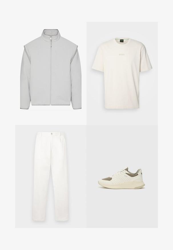 Helehall pehmeatest riidest jakke kõrge kaelusega, tõmblukuga ja küljetaskutega. Valmistatud pehmest kangast, millel on sile tekstuur ja minimaalne disain.; BOSS TEE - Lihtne T-särk - open white; Valged püksid, mis on valmistatud siledast kangast, sirge jala disainiga, ees olevate voldidega ja ühekordse nupuga vöökohtadel.; Valge ja heledat beeži värvi spordijalats, millel on õhuke võrkmaterjal, perforatsioonidega detailid ning tekstuuriga vahetald, millel on brändi logo kannaosas.