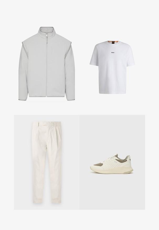 Jasnoszara, ocieplana kurtka z wysokim kołnierzem, zapięciem na zamek i bocznymi kieszeniami. Wykonana z miękkiego materiału o gładkiej fakturze i minimalistycznym wzornictwie.; Biała bawełniana koszulka z krótkim rękawem, z czarnym logo "BOSS" umieszczonym na środku klatki piersiowej oraz okrągłym dekoltem.; Białe, plisowane spodnie o dopasowanym kroju, z gładką fakturą, szlufkami na pasek i zwężanymi nogawkami. Brak widocznych kieszeni lub wzorów.; Białe i jasnobeżowe sneakersy sportowe, z siateczkową cholewką, perforowanymi detalami oraz teksturowaną podeszwą śródstopia z brandingiem na pięcie.