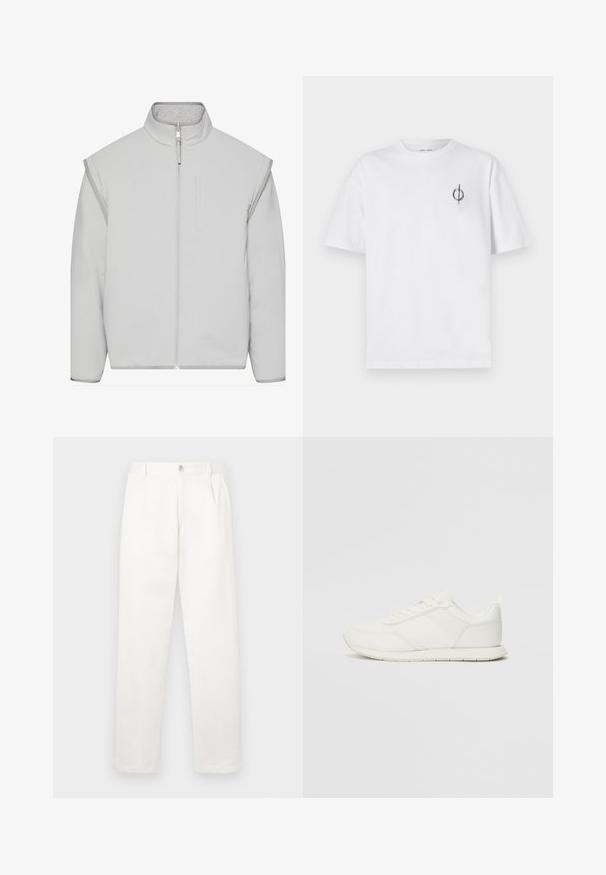 Svijetlosivi podstavljen kaput s visokim ovratnikom, zatvaranjem na patentni zatvarač i bočnim džepovima. Izrađen od mekog materijala s glatkom teksturom i minimalnim dizajnom.; Bijela pamučna majica s opuštenim krojem, s malim crnim grafičkim logotipom na lijevoj prečki. Kratki rukavi, okrugli izrez.; Bijele hlače izrađene od glatkog materijala, s ravnim krojem, prednjim nabora i jednim gumbom za zatvaranje u struku.; Bijela tenisica s gornjim dijelom od mrežice i sintetičkog materijala, okrugli vrh, ravne vezice i teksturirani bočni trak. Gumeni potplat s petnim trakicom.