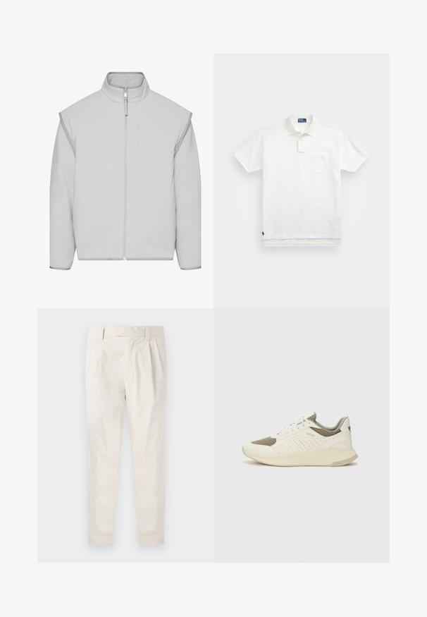 Helehall pehmeatest riidest jakke kõrge kaelusega, tõmblukuga ja küljetaskutega. Valmistatud pehmest kangast, millel on sile tekstuur ja minimaalne disain.; Valge polo särk, mis on valmistatud puuvillast, klassikalise kraega, kolme nööbiga kinnitusega ja vasakul rinnal taskuga; väike logo helmel.; Valged volditud püksid, mis on kohandatud sobivusega, sujuva tekstuuriga, vööloopidega ja kitsenevate jalgadega. Pole nähtavaid taskuid ega mustreid.; Valge ja heledat beeži värvi spordijalats, millel on õhuke võrkmaterjal, perforatsioonidega detailid ning tekstuuriga vahetald, millel on brändi logo kannaosas.