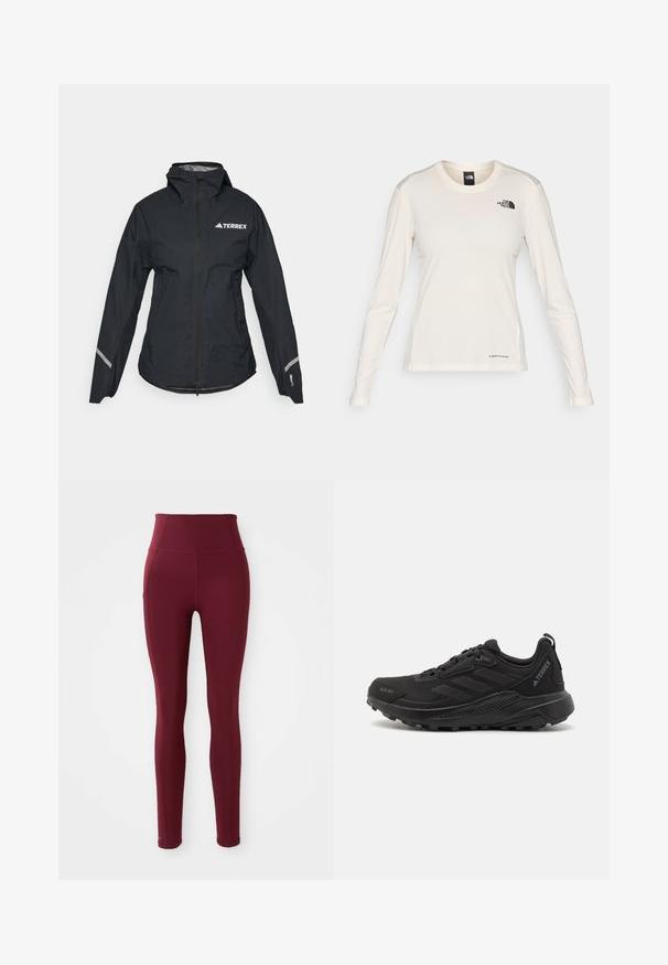 Svart vattentät jacka med huva, full dragkedja, justerbara manschetter och reflektorer. Har en vit logotyp på övre vänstra bröstet.; The North Face SHADOW LONG SLEEVE - Långärmad tröja - white dune; Burgundy högmidjade leggings gjorda av stretchigt material, med en mjuk yta och detalj med sidficka.; Svarta träningsskor med en strukturerad syntetisk överdel, snörning, tjock gummisul, och diskreta logotypdetaljer på sidan och hälen.