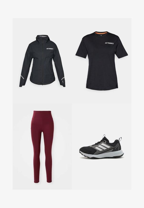 Zwarte waterdichte jas met een capuchon, volledige rits, verstelbare manchetten en reflecterende accenten. Heeft een wit logo op de bovenkant van de linkerborst.; Zwarte T-shirt met korte mouwen en ronde hals, met een subtiele heatherstructuur en een wit "TERREX" logo aan de bovenlinkerkant.; Bordeauxkleurige high-waisted legging van rekbaar materiaal, met een gladde textuur en een zijzakje.; Zwarte sportschoen met grijze accenten, voorzien van een textuur-mesh bovenkant, drie witte strepen en een rubberen buitenzool voor grip.