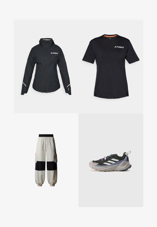 Schwarze wasserdichte Jacke mit Kapuze, durchgehendem Reißverschluss, verstellbaren Bündchen und reflektierenden Akzenten. Mit einem weißen Logo auf der oberen linken Brust.; Schwarzes Kurzarm-T-Shirt mit Rundhalsausschnitt, das eine dezente melierte Textur aufweist und ein weißes "TERREX"-Logo auf der oberen linken Seite hat.; The North Face HIMALAYAN - Cargohose - white dune tnf black; Schwarzer Sportschuh mit Gore-Tex-Obermaterial, weißen Streifen, lila Akzenten, dicker grauer Zwischensohle und strukturiertem grauen Außensohle für besseren Halt.