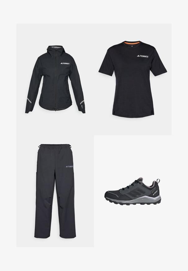 Juodas vandeniui atsparus džemperis su gaubtu, visiškai užtraukiamas, su reguliuojamais rankovių galais ir atspindinčiomis detalėmis. Viršutinėje kairėje krūtinės pusėje yra baltas logotipas.; Juodas trumpas rankovės marškinėliai su apvaliu kaklu, su subtiliu melange tekstūra ir baltu "TERREX" logotipu viršutiniame kairiajame kampe.; Juodos, lengvos lauko kelnės su elastinga juosmens juosta, šoniniais kišenėmis ir logotipu viršutiniame dešiniajame šlaunyje. Lygi, vandeniui atspari medžiaga.; Juodi sportiniai batai su pilkais akcentais, sintetinis tinklinis viršus, paminkštintas padas, raištelių sistema ir tekstūruotas padas sukibimui.