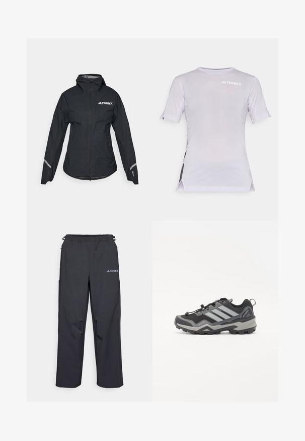 Veste imperméable noire avec capuche, zip intégral, poignets réglables et accents réfléchissants. Présente un logo blanc sur le coin supérieur gauche de la poitrine.; T-shirt de sport violet clair à manches courtes avec des panneaux en maille sur les côtés, col rond et logo sur la poitrine. Matériau respirant.; Pantalons d'extérieur noirs, légers, avec une taille élastique, des poches latérales et un logo sur la jambe droite supérieure. Tissu lisse et résistant à l'eau.; Chaussure de randonnée noire et grise avec une surface texturée, une semelle en caoutchouc et trois bandes grises proéminentes sur le côté ; équipée d'un système de laçage rapide.