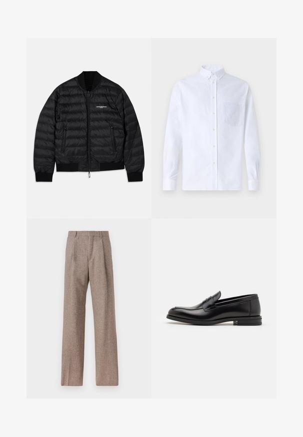 Must must näärmega tume puffer jope, millel on tikitud disain, ribiga mansetid ja alläär, kaks lukuga taskut ning ees lukuga sulgur. Rinnal on brändingu element.; Valge pikamaa varrukatega nööbiga särk, mis on valmistatud puuvillast ja millel on rinna tasku toon-toonis brodeeringuga, krae ja nööbiga mansetid.; Prunnid, kõrge vöökohaga püksid, mis on valmistatud tekstureeritud kangast. Omavad laiu jalgu ja kahte eesmist voldikut struktuuri jaoks. Korralik viimistlus, ilma nähtava riistvarata.; Mustad mustad nahast loafers sileda tekstuuriga, ümarat ninaosa ja dekoratiivne riba vampi üle. Madal kihiline konts, minimalistlik disain.