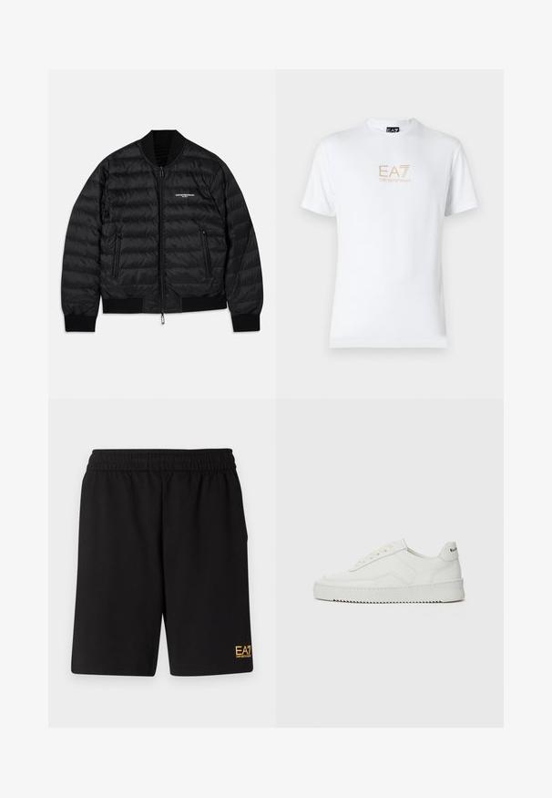 Černá péřová bunda s prošívaným designem, žebrovanými manžetami a lemem, dvěma kapsami na zip a předním zapínáním na zip. Obsahuje logo na hrudi.; Bílé bavlněné tričko s kulatým výstřihem a krátkým rukávem, na přední straně s potiskem zlatého loga EA7 Emporio Armani.; Černé sportovní šortky vyrobené z měkké látky, s elastickým pasem a malým žlutým logem EA7 na dolní části levé nohy.; Bílé kožené tenisky s hladkým povrchem, kulatou špičkou, plochými tkaničkami a texturovanou podrážkou. Na patě se nachází nenápadné logo.