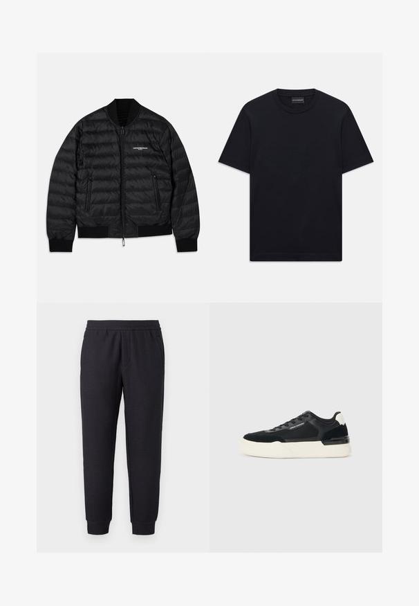 Black puffer jacket with a quilted design, ribbed cuffs and hem, two zippered pockets, and a front zipper closure. Features branding on the chest.; Black short-sleeve crew neck T-shirt with subtle embossed logo design centered on the chest and a branded tag inside the collar.; Black tapered sweatpants with elastic waistband and cuffs, featuring subtle textured pattern and side pockets.; Black sneaker made of mesh and leather, featuring a thick white sole and contrasting accents. Laces and logo detail on the side.