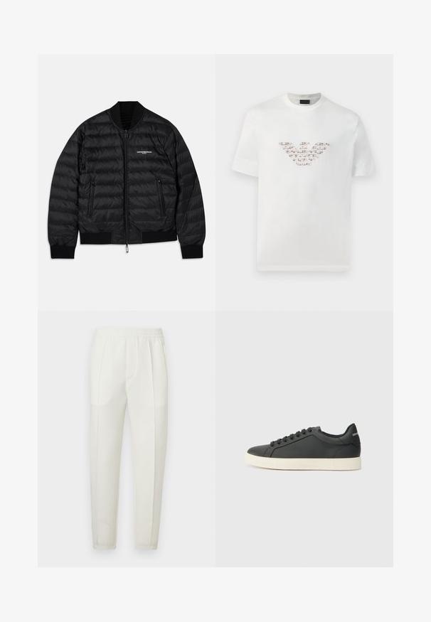 Black puffer jacket with a quilted design, ribbed cuffs and hem, two zippered pockets, and a front zipper closure. Features branding on the chest.; White cotton t-shirt with short sleeves and a crew neckline. Features a central logo design in pink and brown shades.; White slim-fit pants with an elastic waistband, featuring two side pockets and a smooth, slightly shiny texture.; Black leather sneaker with a low profile, rounded toe, and lace-up closure; features a textured rubber sole and logo detail on the heel.