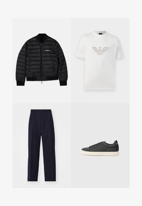 Black puffer jacket with a quilted design, ribbed cuffs and hem, two zippered pockets, and a front zipper closure. Features branding on the chest.; White cotton t-shirt with short sleeves and a crew neckline. Features a central logo design in pink and brown shades.; Navy blue, tailored trousers with a straight leg design, pleats at the front, button closure, and no visible pockets. Smooth fabric texture.; Black leather sneaker with a low profile, rounded toe, and lace-up closure; features a textured rubber sole and logo detail on the heel.