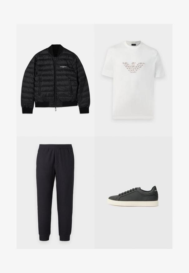 Melna pūkā ar quilted dizainu, ribām aprocēm un apakšmalu, divām kabatām ar rāvējslēdzēju un priekšējo rāvējslēdzēju. Uz krūtīm ir zīmola logo.; Baltas kokvilnas T-krekls ar īsām piedurknēm un apaļu kakla izgriezumu. Iekļaujas centrāls logo dizains rozā un brūnos toņos.; Melnas pieguļošas sporta bikses ar elastīgu jostu un aprocēm, ar smalku fakturētu rakstu un sānu kabatām.; Melna ādas kedas ar zemu profilu, noapaļotu purngalu un savelkamu aizdari; ar teksturētu gumijas zoli un logotipa detaļu uz papēža.