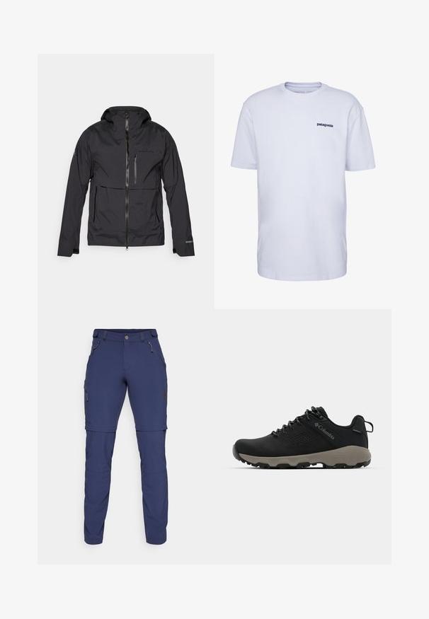 Crna vodootporna jakna s patentnim zatvaračem, podesivom kapuljačom i višestrukim džepovima. Ima glatku teksturu i detalj s logotipom na prsima.; Bijela kratkotrajna majica s kratkim rukavima od pamuka, s rebrastim izrezom i malim tamnoplavim "patagonia" logotipom na lijevoj strani prsa.; Mornarske hlače za vanjske aktivnosti izrađene od rastezljivog materijala, s patentnim zatvaračima na džepovima, podesivim manžetama i bočnim džepom za teret.; Crne planinarske cipele s glatkim gornjim dijelom, perforiranim dizajnom, sivoj potplati i ojačanim petom. Sadrže vezice i petlju za lakše oblačenje.