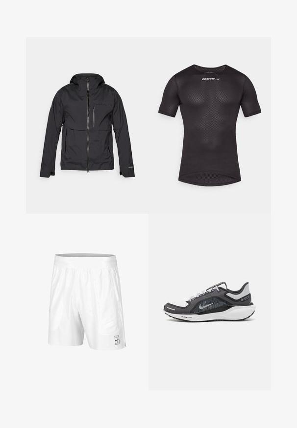 Fekete vízálló dzseki cipzárral elöl, állítható kapucnival és több zsebbel. Simább textúrával és logó részlettel a mellkason.; Rövid ujjú fekete hálós sportpóló, amely illeszkedő fazonú, kerek nyakkal rendelkezik, és diszkrét Castelli logó található az elején. Könnyű és lélegző anyag.; Fehér sportnadrág rugalmas derékkal, két oldalsó zsebbel és egy kis fekete logó részlettel az alsó elején. Sima textúra.; Fekete és szürke sportcipő, hálós felsőrésszel, fényvisszaverő részletekkel és fehér középtalppal. A talpa texturált gumiból készült, és fűzőkkel rendelkezik.