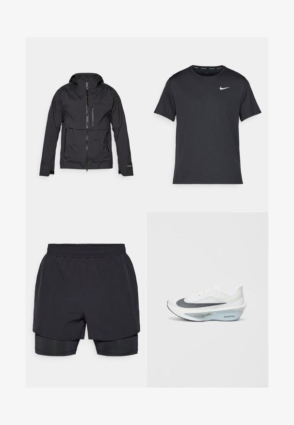 Mustat veepidavad jope, millel on lukuga ees, reguleeritav kapuuts ja mitu taskut. Omab siledat tekstuuri ja logo detaili rinnal.; Mustamust Nike'i jooksupaita, mis on valmistatud kergest ja hingavast materjalist, lühikeste varrukatega ja mille rinnal on väike valge logo.; Mustad mustetrikud elastse vöökoha, kihilise disaini ja sobiva sisekattega. Sile tekstuur, loodud mugavuseks.; Valge sportlik king, millel on hall võrgusilm ülemine osa, sinine ZoomX vaht keskmine tald ja kumer välispinna disain, mis tagab parema tõuke ja mugavuse.