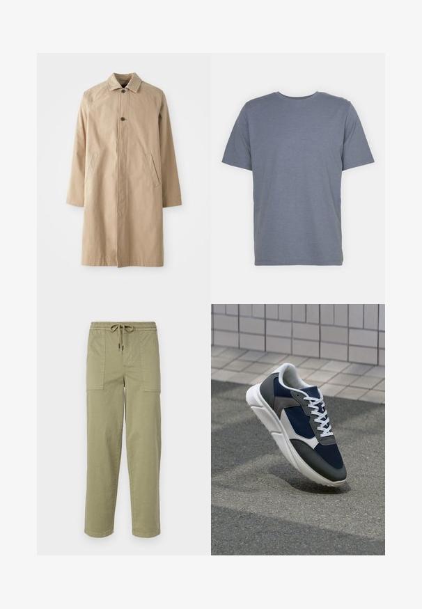 Casaco bege com colarinho, fecho de botão único e dois bolsos laterais. Feito de um tecido leve, apresenta um corte reto e mangas longas.; T-shirt cinza de manga curta com gola redonda, feita de um tecido suave em mistura de algodão. Design simples, sem padrões ou detalhes.; Calças verde-oliva claras feitas de um tecido de algodão misto, com um cós elástico com cordão e dois bolsos laterais grandes.; Sapatilha com parte superior em malha azul-marinho, detalhes em camurça cinza, sola de borracha branca e atacadores brancos planos, projetada para conforto e respirabilidade.