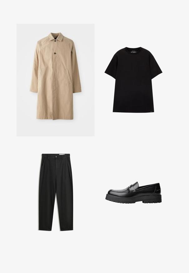 Cappotto beige con colletto, chiusura a un bottone e due tasche laterali. Realizzato in tessuto leggero, presenta una silhouette dritta e maniche lunghe.; PULL&BEAR JOIN LIFE - T-shirt basic - black; Pantaloni in cotone neri con una vestibilità rilassata, dotati di una vita classica, pieghe frontali e tasche laterali. Tessuto liscio senza fantasie.; Mocassino in pelle nera con suola spessa e tassellata e fascia decorativa sulla parte superiore, mostrato in profilo sinistro su sfondo bianco.