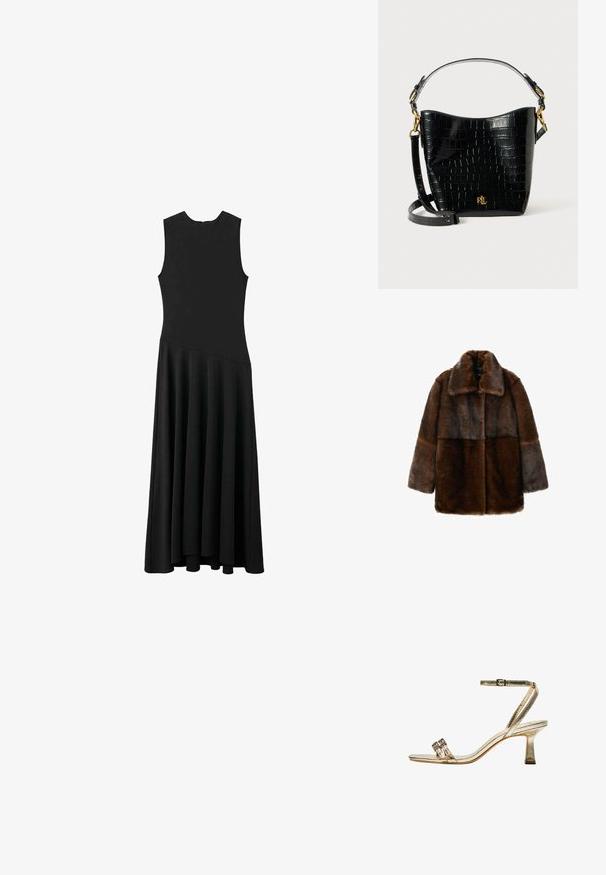 Palton din blană sintetică de culoare maronie, cu guler lat, având un design compus din nuanțe variate de maroniu, mâneci lungi și o croială lejeră.; Rochie maxi neagră fără mâneci, cu un corset ajustat și o fustă evazată, având o textură netedă și un design minimalist, fără închizători vizibile.; Sandală aurie metalică cu toc înalt, curea la gleznă, două benzi înguste în față și toc pătrat. Are embellishments decorative.; Geantă din piele cu embossare croc neagră, cu o formă curbată, accente din metal aurit, curea ajustabilă și un detaliu cu logo în față.