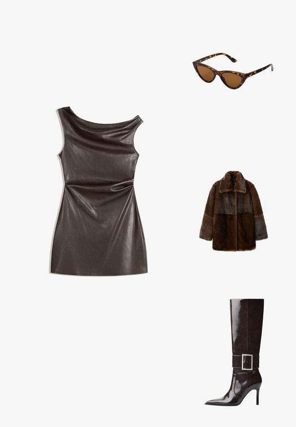 Cappotto in pelliccia sintetica marrone con colletto ampio, caratterizzato da un design a pezzi in diverse tonalità di marrone, maniche lunghe e vestibilità rilassata.; Abito senza maniche di colore marrone scuro, realizzato in morbido similpelle, con scollo drappeggiato e silhouette aderente con orlo angolare.; Stivale in morbida pelle marrone scuro, alto fino al ginocchio, con punta affusolata, tacco a stiletto e ampia fascia con grande fibbia rettangolare in argento.; Occhiali da sole cat-eye con una montatura tartarugata nera e arancione, lenti marroni e punte affusolate e eleganti. Presentano un logo minimale sulla asta.; La borsa a tracolla dorata presenta un tessuto testurizzato con borchie metalliche rotonde, una placca con logo triangolare e una tracolla a catena con occhielli metallici rotondi.