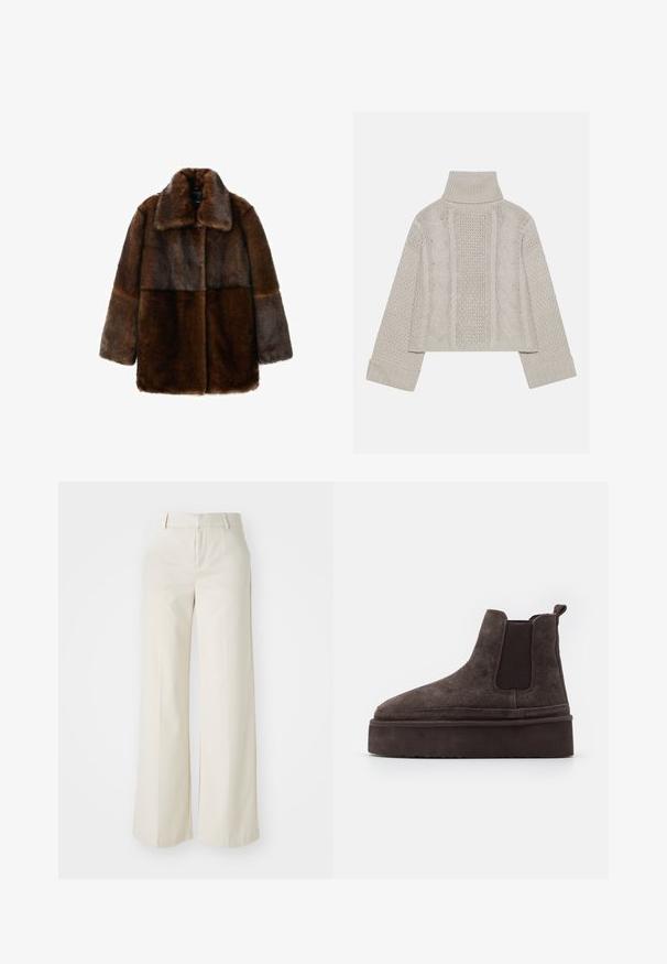 Rjav umetni krznen plašč s širokim ovratnikom, ki ima raznolik zasnovo v različnih odtenkih rjave barve, dolge rokave in sproščen kroj.; Kratka, svetlo siva pletena pulover s visokim ovratnikom in rebrastimi manšetami, ki ima strukturne kabelske vzorce po hrbtu in straneh.; Široke hlače v svetlo bež barvi, izdelane iz gladkega materiala. Imajo klasičen pas in ravno sprednjo stran z čistimi linijami.; Rjave semiš Chelsea čizme z elastičnimi stranskimi paneli in debelim, teksturiranim platformnim podplatom. Imajo zanko na peti za lažje oblačenje.