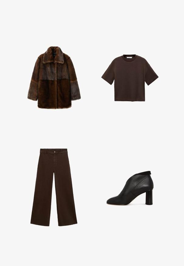 Cappotto in pelliccia sintetica marrone con colletto ampio, caratterizzato da un design a pezzi in diverse tonalità di marrone, maniche lunghe e vestibilità rilassata.; T-shirt corto marrone a maniche corte realizzato in cotone morbido. Presenta un colletto rotondo e una vestibilità ampia, con una texture liscia e senza motivi visibili.; Pantaloni larghi marroni in misto cotone, caratterizzati da orlo sfrangiato, chiusura frontale con bottone e classico design a cinque tasche. Minimalisti e versatili.; Stivale alla caviglia in pelle nera con tacco e punta affilata, caratterizzato da un design elegante e moderno su sfondo bianco.