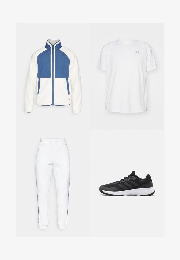 Fjällräven VARDAG PILE JACKET M - Fleecetakki - chalk white/indigo blue; Valkoinen lyhythihainen urheilupaita, joka on valmistettu sileästä kankaasta. Paidassa on pyöreä kaula-aukko ja harmaa logo vasemmassa rinnassa, sekä sivuhalkiot helmassa.; Valkoiset collegehousut, joissa on joustava vyötärö ja mustat sivuraidat sekä hihansuut. Ne ovat valmistettu pehmeästä kankaasta, jolla on sileä pinta.; Musta urheilukenkä, jossa on teksturoidut päälliset, kolme vaakasuoraa raitaa ja valkoinen pohja, jossa on kuvioitu kulutuspinta. Kevyt ja virtaviivainen muotoilu.