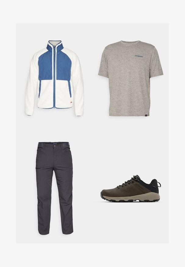 Fjällräven VARDAG PILE JACKET M - Fliisjakk - chalk white/indigo blue; Hall tootega hall T-särk lühikeste varrukatega, pehmest tekstuuriga kangast, millel on vasakul rinnal väike sinine Patagonia logo. Täiendavaid mustreid pole.; Tumed hallid püksid, mis on valmistatud vastupidavast kangast, varustatud lukuga tasku, sirge lõikega ja vööaasadega, et sobivust kohandada.; Kohandatud veekindlad pruunid spordijalatsid tekstuuriga pealisega, perforatsioonidega detailid, must kandetoetav osa ja hall kummine sisetald. Paelad on metallist otstega.