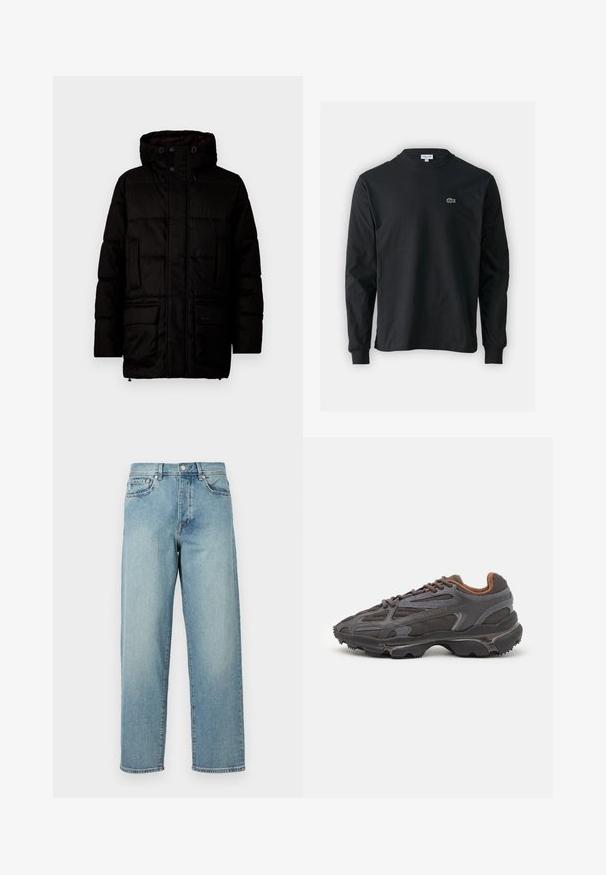 Casaco puffer preto com capuz, apresentando um design acolchoado, botões de pressão, dois bolsos frontais e uma marcação perto da bainha. Textura suave.; Camisola preta de manga longa feita de algodão, com decote redondo e um pequeno logótipo de crocodilo bordado em verde no lado esquerdo do peito.; Jeans de denim azul claro com um corte solto, pernas retas, design de cinco bolsos e fecho de botão na cintura. Detalhe de costura minimalista.; Ténis Lacoste em cinza-escuro com material em malha e sintético, apresentando uma sola texturizada e detalhes castanhos na gola e na marca.