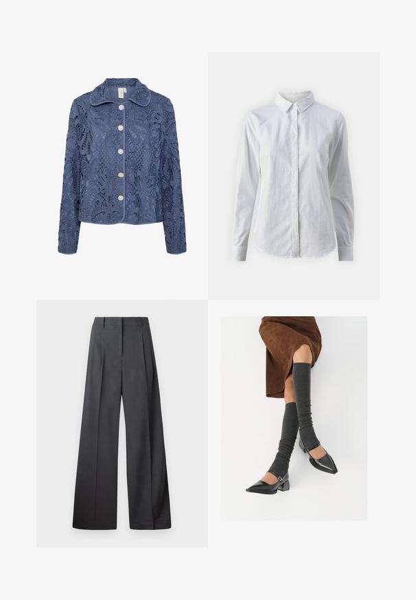 Mørkeblå blondjakke med blomsterprint, struktureret krave og fem perle-lignende knapper. Tekstureret stof med intrikate udskæringer.; Hvid skjorte med knapper lavet af glat bomuld, der har en klassisk krave, lange ærmer og en buet kant. Knapperne er små og hvide.; Bredde benbukser i mørkegrå stof, med høj talje, enkelte læg og en glat tekstur med en ren finish ved kanten.; Sorte patenterede lædersko med spids tå, blokhæl og ankelrem, kombineret med grå ribbede benvarmere og en brun ruskinds nederdel.