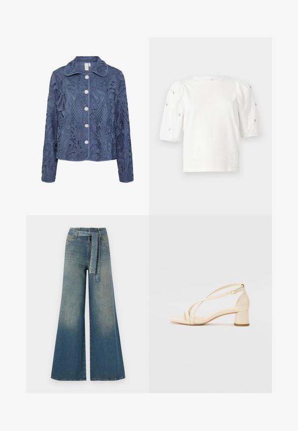 Tumši zila mežģīņu jaka ar ziedu rakstiem, strukturētu apkakli un piecām pērļu līdzīgām pogām. Tekstūrēta auduma ar sarežģītiem izgriezumiem.; Balta kokvilnas t-kreklu ar īsām puff piedurknēm, ar nelieliem sudraba rotājumiem gar piedurknēm. Klasisks apaļš izgriezums, brīvā piegriezuma.; Platām kājām džinsu bikses ar gaismas līdz tumši zilam gradientam, augstu jostas līniju, jostas cilpām un atbilstošu auduma jostu. Tekstūrēts džinsas apdare.; Beige augstiem papēžiem ar bloku, ar siksniņu dizainu un regulējamu potītes siksniņu, izgatavoti no gludas sintētiskas materiāla ar matētu apdari.