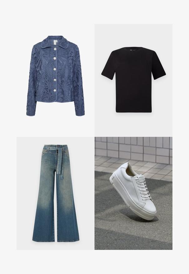 Tengerés kék csipkeblúz virágmintákkal, struktúrált gallérral és ötgyöngyszerű gombbal. Texturált anyag finom kivágásokkal.; Fekete, rövid ujjú póló, kerek nyakkal, puha pamutból készült. Egyszerű dizájn, nincs látható logó vagy minta.; Bőszárú farmernadrág, világos és sötétkék árnyalatokkal, magas derekú, övgyűrűkkel és a nadrággal megegyező anyagú övvel. Textúrált farmer kivitel.; Fehér bőr sportcipő alacsony dizájnnal, lapos fűzőkkel, lekerekített orral és texturált oldalakkal. Vastag gumitalp finom részletekkel.