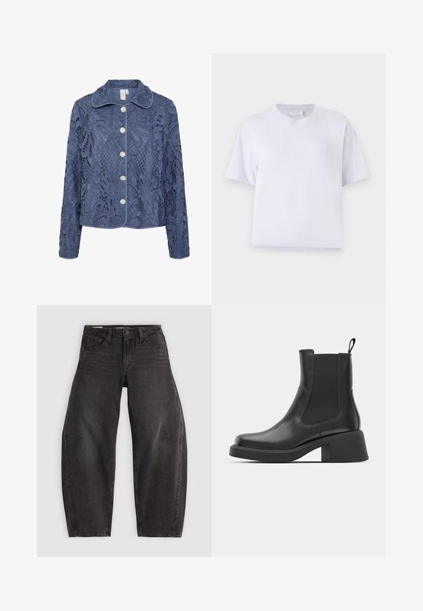 Marinblå spetsjacka med blommönster, strukturerad krage och fem pärlliknande knappar. Texturerad tyg med intrikata utskärningar.; Vit bomulls-T-shirt med avslappnad passform, korta ärmar, rund halsringning och inga synliga mönster eller dekorationer. Slät textur.; Svarta denimjeans med avslappnad passform, som har fem fickor, knäppning med knapp och subtila blekningar. Tyget har en mjuk och hållbar textur.; Svarta läderankelstövlar med elastiska sidopaneler, rund tå och en kraftig klack. Slät textur med en minimalistisk design.