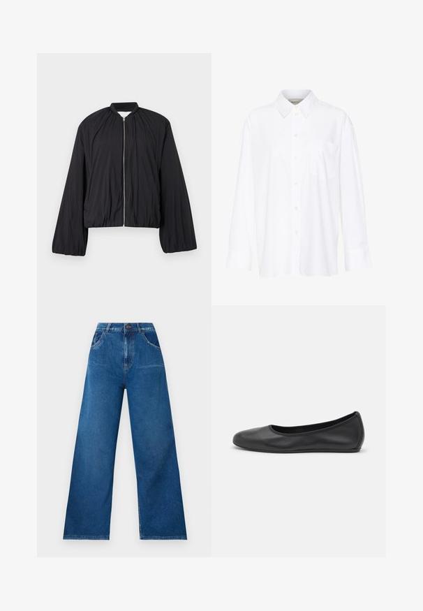 Schwarze Bomberjacke mit durchgehendem Reißverschluss, elastischen Bündchen und leicht verkürzter Silhouette. Hergestellt aus leichtem, strukturiertem Stoff.; Weißes Langarmhemd mit Kragen aus Baumwolle. Verfügt über eine durchgehende Knopfleiste und eine Brusttasche. Glatte Textur, lockere Passform.; Weite Jeans in dunkelblauem Denim mit hoher Taille, ausgestattet mit Front- und Gesäßtaschen sowie Kontrastnähten.; Schwarze Leder-Ballettschuhe mit abgerundeter Spitze, glatter Textur, minimalen Nähdetails und einem flexiblen Sohlen-Design.