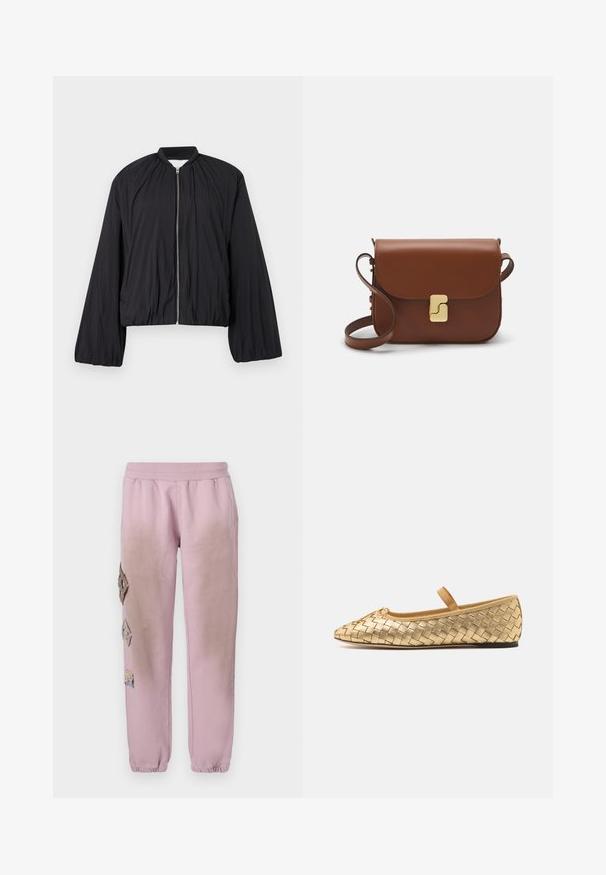 Černá bomber bunda s zipem vpředu, elastickými manžetami a mírně zkrácenou siluetou. Vyrobena z lehkého, texturovaného materiálu.; Bílá tričko s krátkým rukávem vyrobené z žebrované tkaniny. Kulatý výstřih, normální střih a jemné detaily šití. Bez vzorů nebo grafik.; Růžové tepláky s elastickým pasem, které mají dekorativní nášivky ve tvaru diamantů na levé straně a elastické manžety u kotníků.; Loeffler Randall LEONIE SOFT BALLET FLAT - Baleríny s páskem - gold; Hnědá kožená kabelka s klopou, zlatými kovovými detaily, ramenním popruhem a hladkým povrchem. Kompaktní obdélníkový tvar.