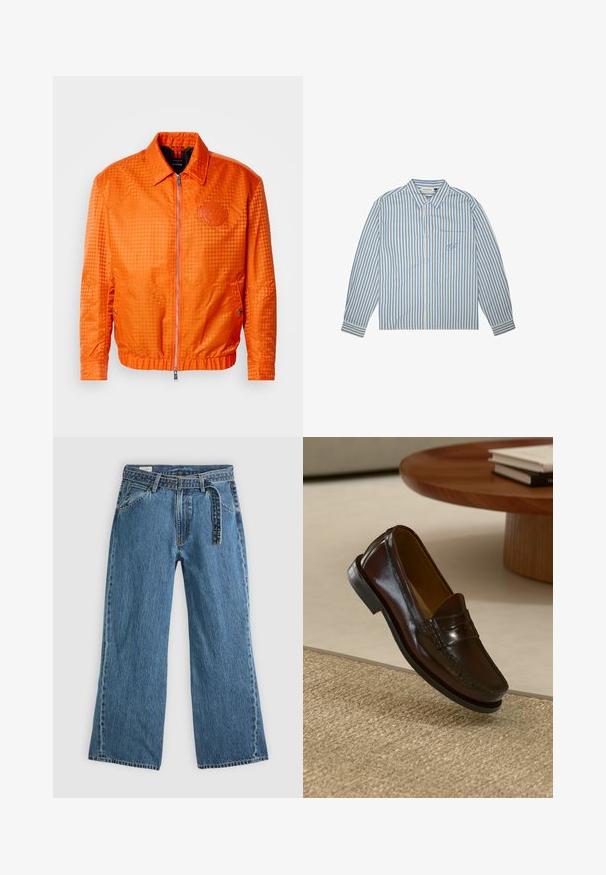 Chaqueta bomber naranja con un patrón de cuadros texturizado, cierre delantero de cremallera y detalle de logo en el pecho. Presenta puños y dobladillo elásticos.; Camisa a rayas en azul claro y blanco, diseño de botones, mangas largas y un bolsillo en el pecho con un logo bordado. Tejido de algodón.; Pantalones vaqueros de mezclilla azul de pierna ancha con cinturón adjunto, bolsillos frontales y costuras visibles sobre un fondo claro y liso.; Mocasines de cuero marrón con un acabado brillante, que presentan un detalle de costura en la parte frontal y una suela de goma negra de perfil bajo.