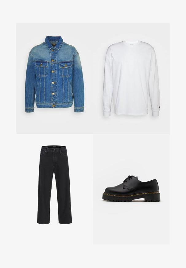 Denim jakna v svetlo modri barvi z bledim učinkom; ima zlato gumbke, dve žepni žepek na prsih ter detajle šivanja spredaj in na rokavih.; Bela dolgimi rokavi majica iz bombaža. Oblika s krožnim izrezom z rebrastimi manšetami in majhnim logotipom na levi rokavu. Gladka tekstura.; Črne kavbojke ravnega kroja z gumbom in zadrgo, z zankami za pas ter sprednjimi in zadnjimi žepi.; Črne usnjene čevlje z vezalkami in zaobljenim nosom, z gumijastim podplatom in rumenim šivom okoli osnove. Ravna zasnova in gladka površina.