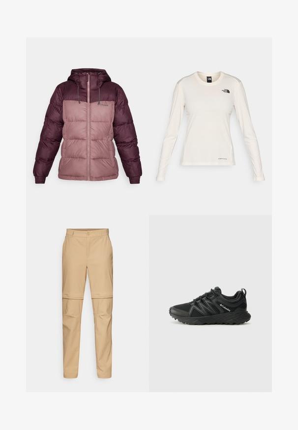 Columbia PIKE LAKE™ II INSULATED JACKET - Chaqueta de invierno - moonvista/fig; The North Face SHADOW LONG SLEEVE - Camiseta de manga larga - white dune; Pantalones cargo beige desmontables con un frente plano, cierre de botón y piernas ajustadas. Fabricados con un tejido ligero de textura suave.; Columbia PEAKFREAK - Zapatillas de senderismo - black