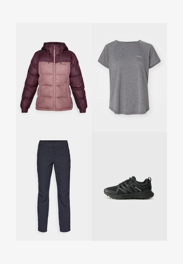 Columbia PIKE LAKE™ II INSULATED JACKET - Ziemas jaka - moonvista/fig; Pelēka īsām piedurknēm krekls ar smalku teksturētu rakstu, apļveida kakla izgriezumu un Columbia logo uz krūtīm. Mīksta auduma, brīvā piegriezumā.; Navy zila bikses, kas izgatavotas no gludas auduma, ar priekšējo pogu aizdari, pieguļošu siluetu un krokām pie ceļgaliem.; Columbia PEAKFREAK - Pārgājienu apavi - black