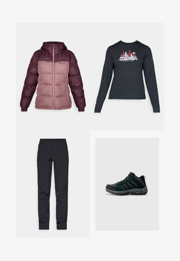 Columbia PIKE LAKE™ II INSULATED JACKET - Winterjacke - moonvista/fig; Dunkelgraues Langarmshirt mit einem Grafikdesign von roten Bäumen und Bergen; das "COLUMBIA"-Logo in fett weißer Schrift. Weicher Stoff, klassischer Rundhalsausschnitt.; Schwarze, schmal geschnittene Hosen mit glatter Textur, Reißverschlusstasche und klassischem Knopfverschluss. Geeignet für legere oder semi-formelle Anlässe.; Columbia REDMOND - Hikingschuh - black/citron haze